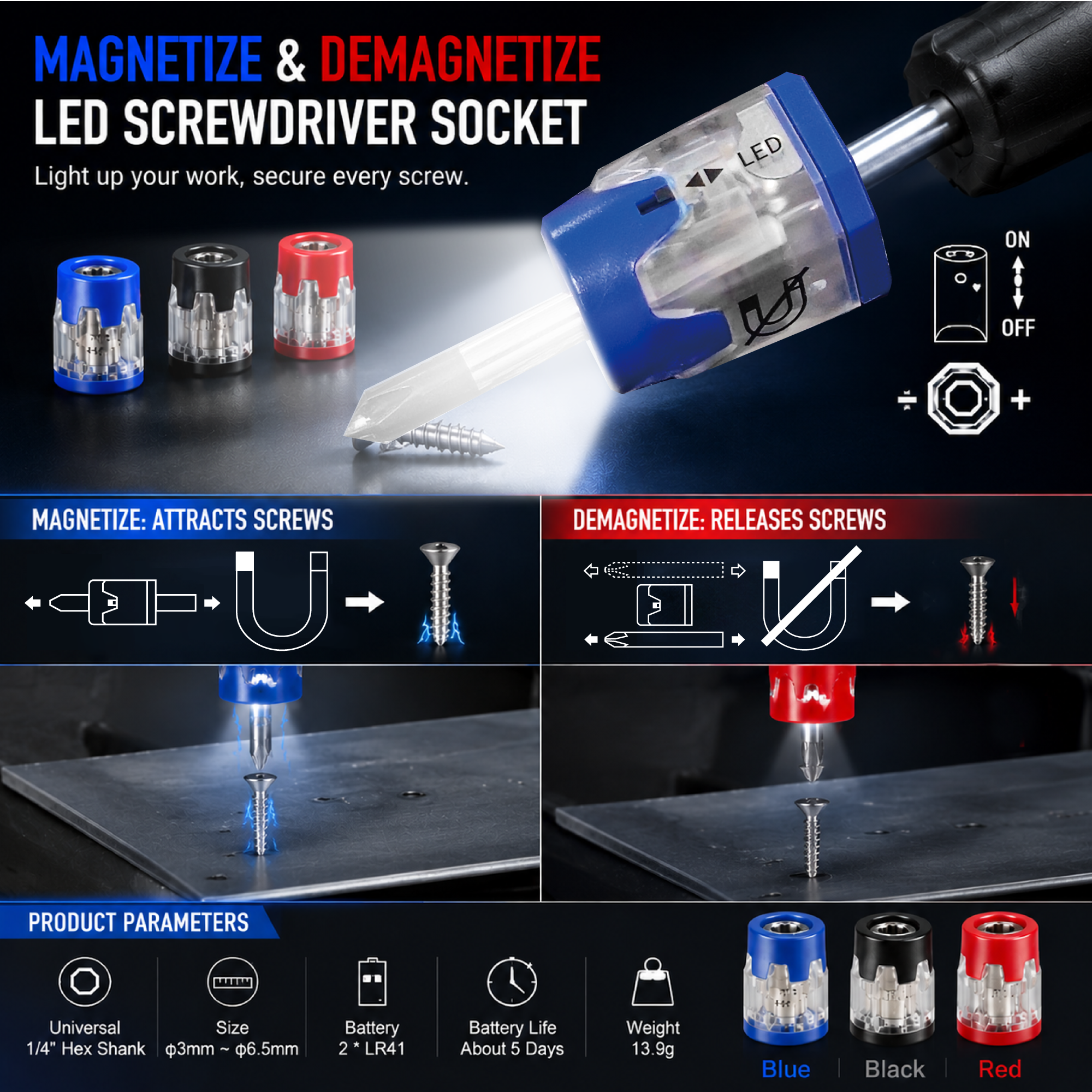 LED Magnetic Screwdriver Magnetizer & Demagnetizer Tool with LED Light - Image 3
