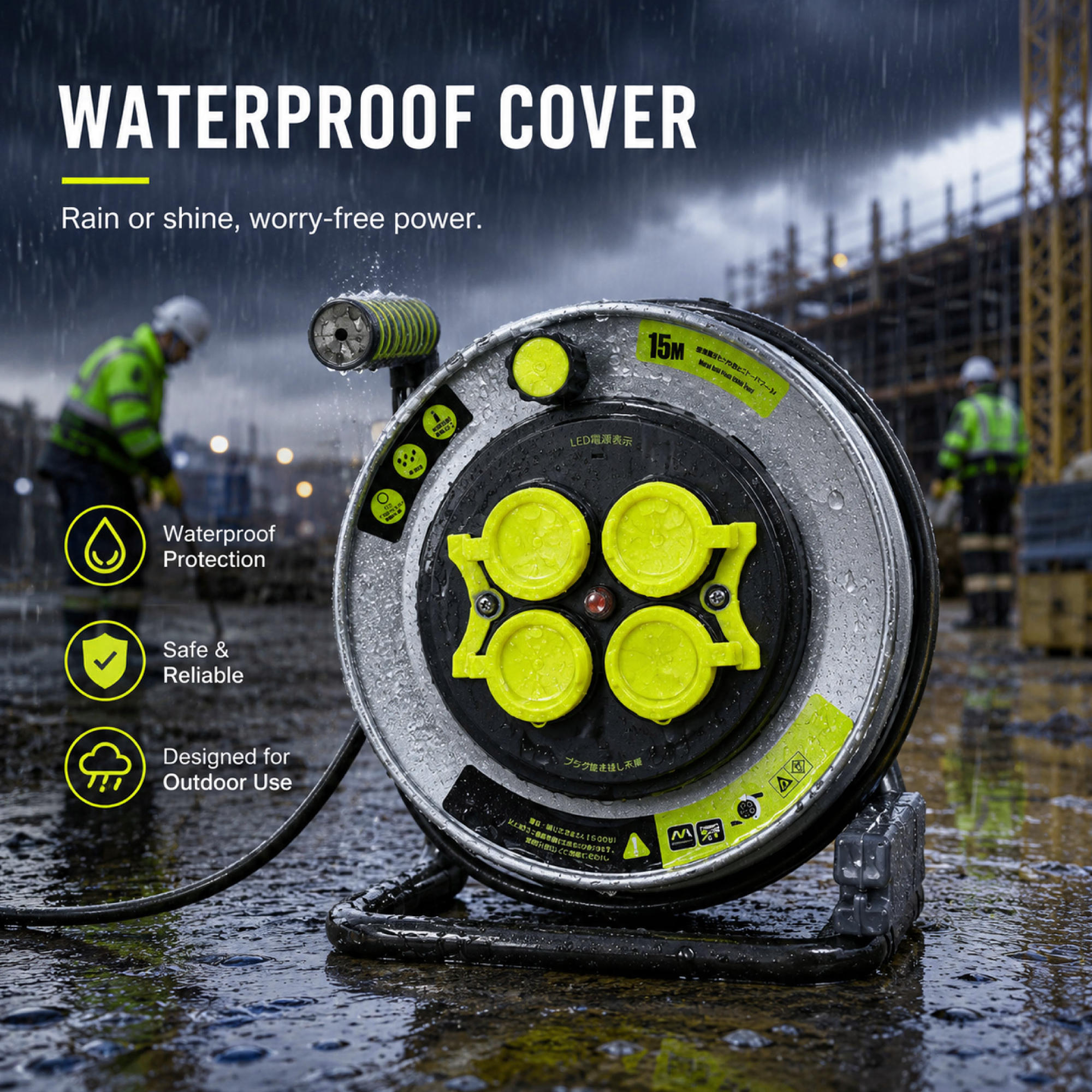 Heavy Duty Anti-Twist Cable Reel 15M – VCT 3×1.25mm² Industrial Extension Cord Reel with Waterproof Caps & Thermal Protection - Image 2