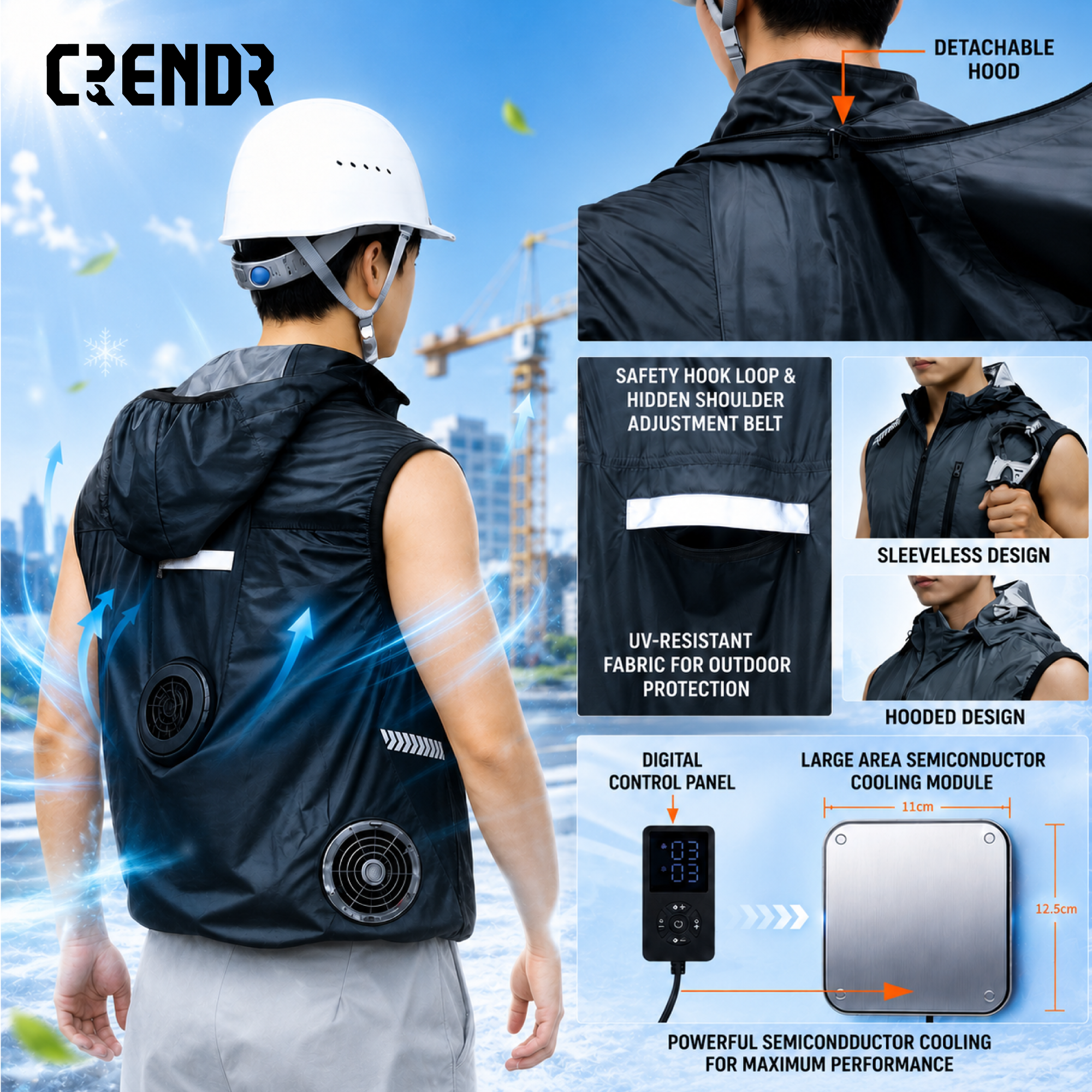 CRENDR Sleeveless Cooling Vest – Semiconductor Cooling Work Vest with Adjustable Temperature & Detachable Hood - Image 2